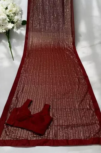 Red Color Sequins And Embroidery Work Georgette Saree