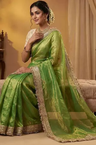 Parrot Green Color Sequence Butti Work Satin Saree
