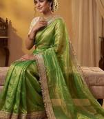 Parrot Green Color Sequence Butti Work Satin Saree