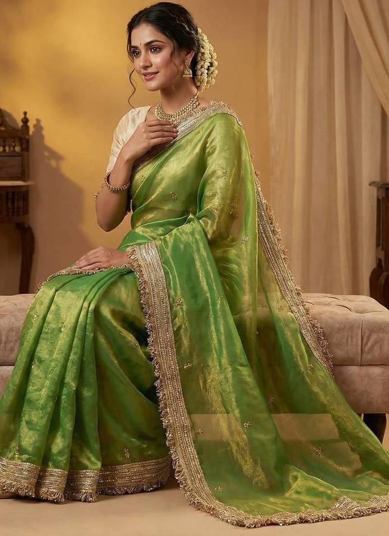 Parrot Green Color Sequence Butti Work Satin Saree