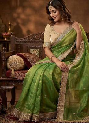 Parrot Green Color Sequence Butti Work Satin Saree 2