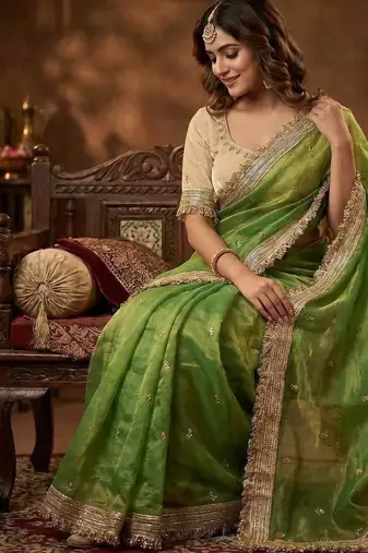 Parrot Green Color Sequence Butti Work Satin Saree