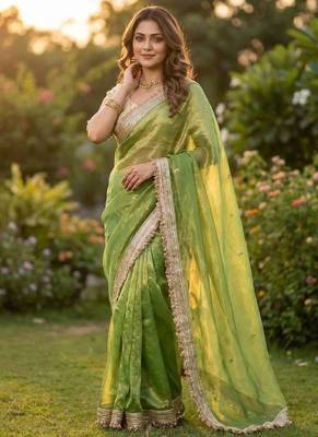 Parrot Green Color Sequence Butti Work Satin Saree 3