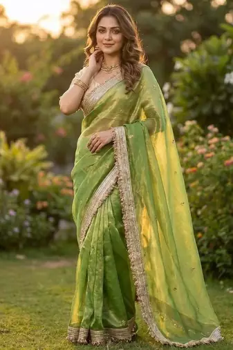 Parrot Green Color Sequence Butti Work Satin Saree