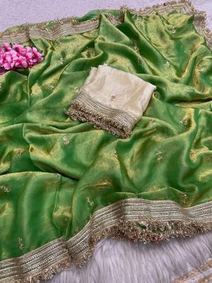 Parrot Green Color Sequence Butti Work Satin Saree 4