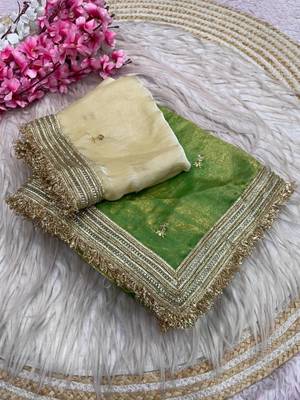 Parrot Green Color Sequence Butti Work Satin Saree 5