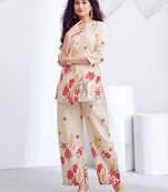 Cream pink floral printed rayon 2-pieces co-ord sets for women