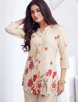 Cream pink floral printed rayon 2-pieces co-ord sets for women 2
