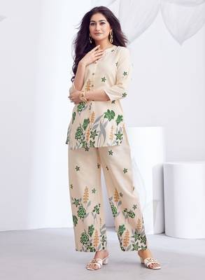 Cream green floral printed rayon 2-pieces co-ord sets for women 1
