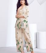 Cream green floral printed rayon 2-pieces co-ord sets for women