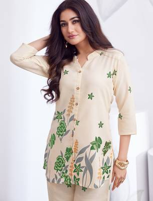 Cream green floral printed rayon 2-pieces co-ord sets for women 2