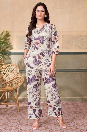 Cream purple floral printed rayon 2-pieces co-ord sets for women