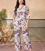 Cream purple floral printed rayon 2-pieces co-ord sets for women