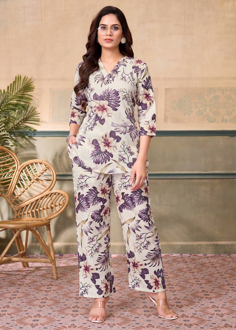 Cream purple floral printed rayon 2-pieces co-ord sets for women