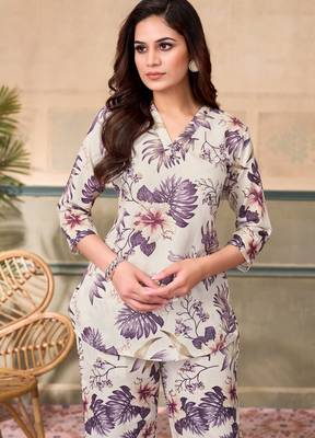Cream purple floral printed rayon 2-pieces co-ord sets for women 2