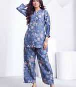 Blue floral printed rayon 2-pieces co-ord sets for women