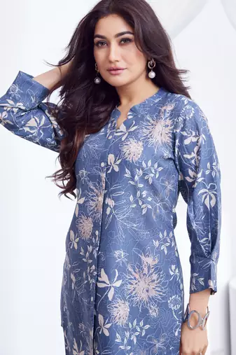 Blue floral printed rayon 2-pieces co-ord sets for women