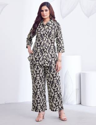 Black floral printed rayon 2-pieces co-ord sets for women 1