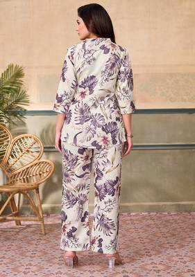 Cream purple floral printed rayon 2-pieces co-ord sets for women 5