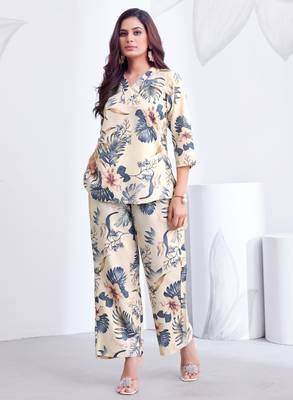 Cream blue floral printed rayon 2-pieces co-ord sets for women 1
