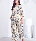 Cream blue floral printed rayon 2-pieces co-ord sets for women