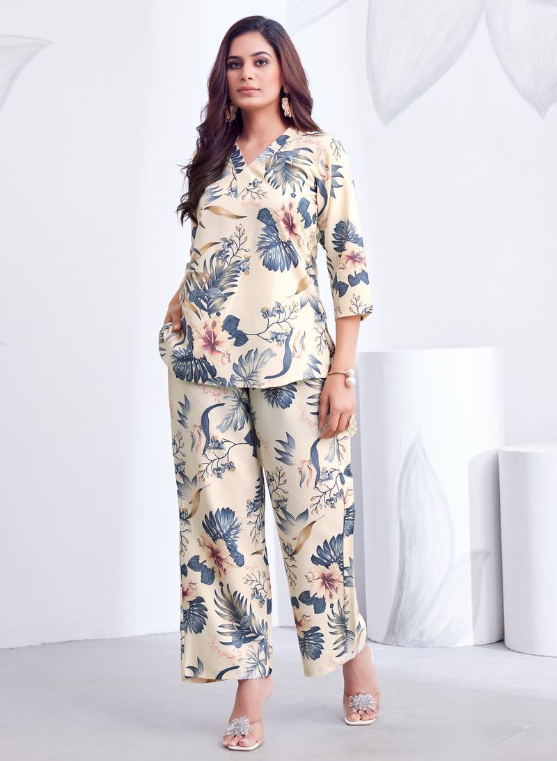 Cream blue floral printed rayon 2-pieces co-ord sets for women