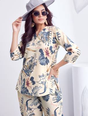 Cream blue floral printed rayon 2-pieces co-ord sets for women 2
