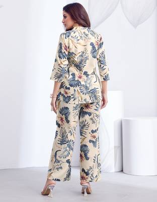 Cream blue floral printed rayon 2-pieces co-ord sets for women 5