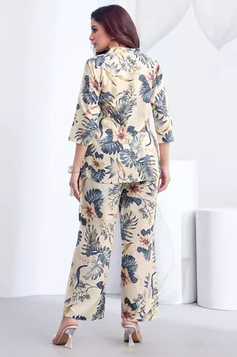 Cream blue floral printed rayon 2-pieces co-ord sets for women