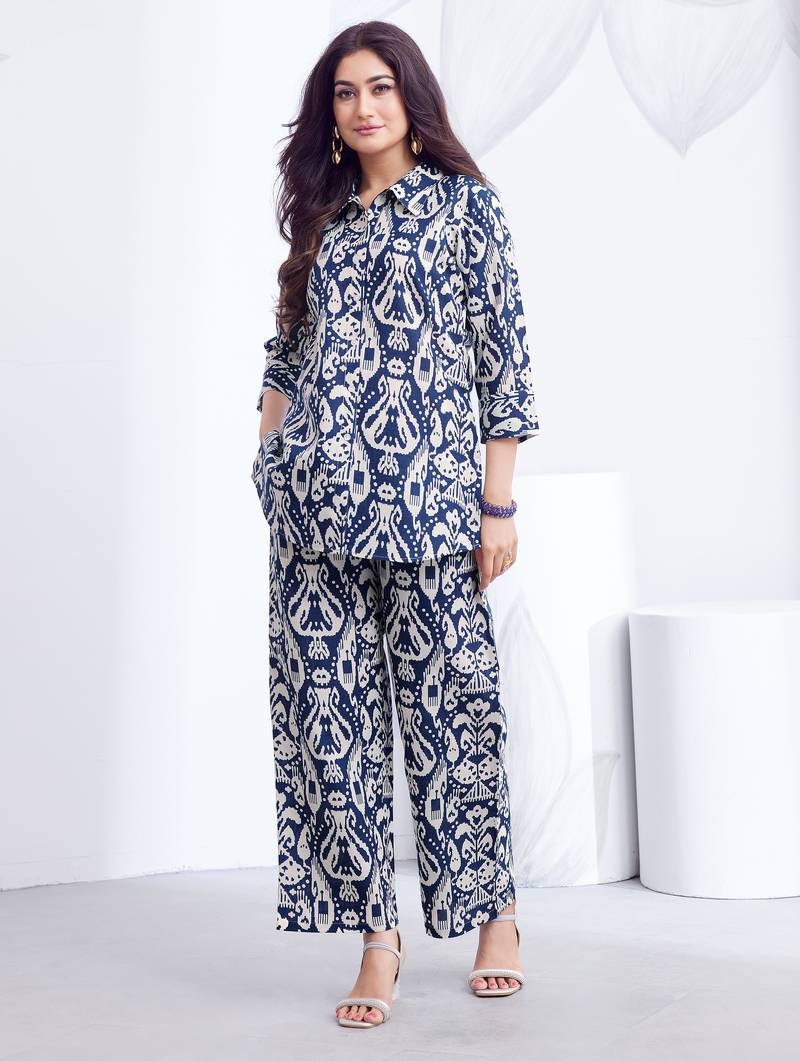 Blue floral printed rayon 2-pieces co-ord sets for women