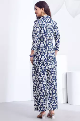 Blue floral printed rayon 2-pieces co-ord sets for women
