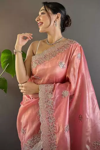 pink color sequence butti work satin saree