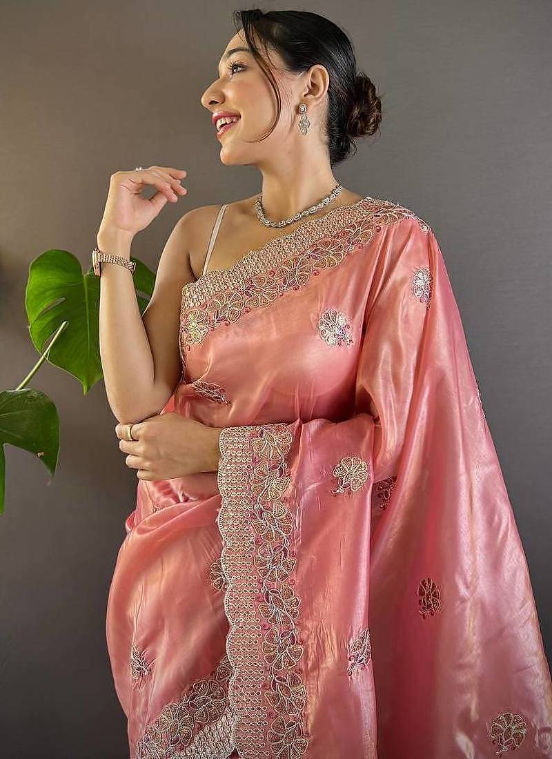 pink color sequence butti work satin saree