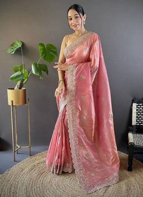 pink color sequence butti work satin saree 2