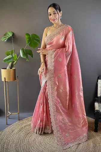 pink color sequence butti work satin saree