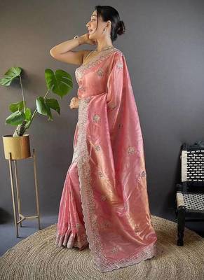 pink color sequence butti work satin saree 3