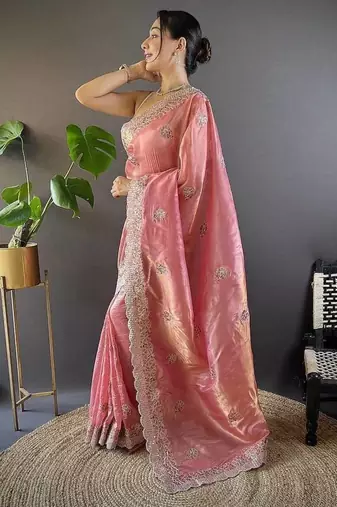 pink color sequence butti work satin saree