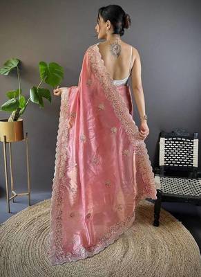 pink color sequence butti work satin saree 4