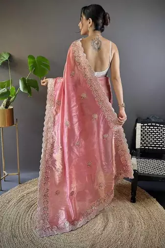 pink color sequence butti work satin saree