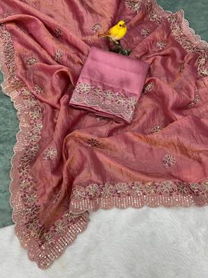 pink color sequence butti work satin saree 5