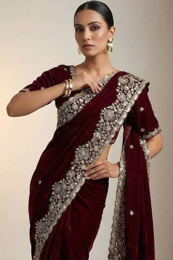 maroon embroidery of beads & sequins fendy satin saree