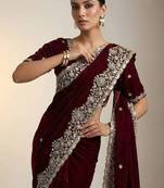 maroon embroidery of beads & sequins fendy satin saree