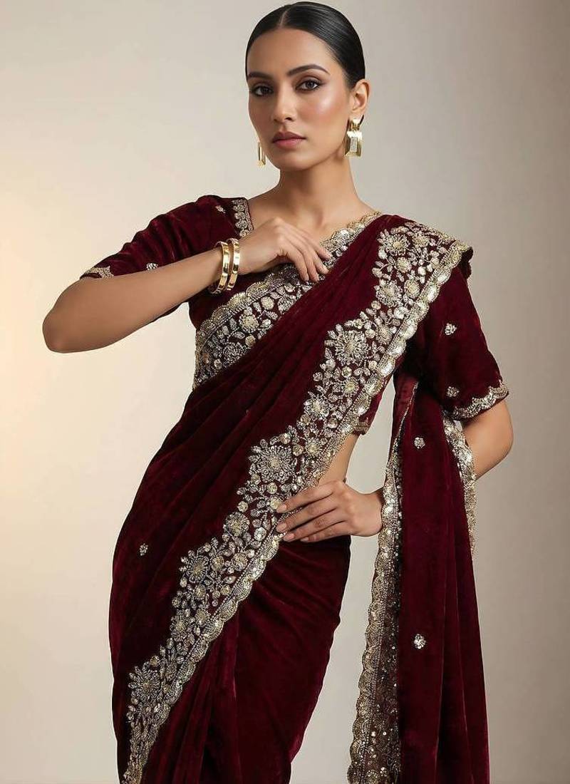 maroon embroidery of beads & sequins fendy satin saree