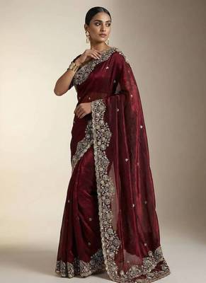 maroon embroidery of beads & sequins fendy satin saree 2