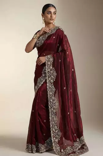 maroon embroidery of beads & sequins fendy satin saree