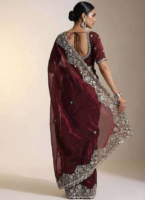 maroon embroidery of beads & sequins fendy satin saree 3