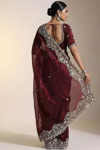 maroon embroidery of beads & sequins fendy satin saree