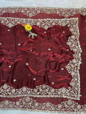 maroon embroidery of beads & sequins fendy satin saree 5