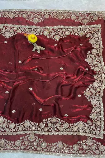maroon embroidery of beads & sequins fendy satin saree