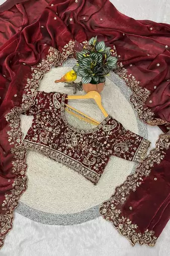 maroon color embroidered satin saree